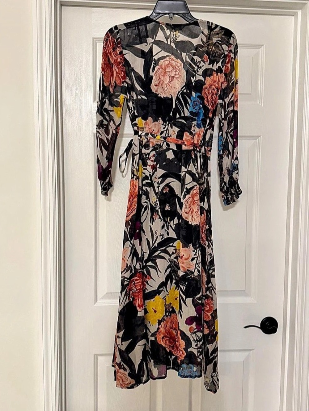 Lucky Brand Floral Wrap Midi Dress in Black & Multicolor Size Small